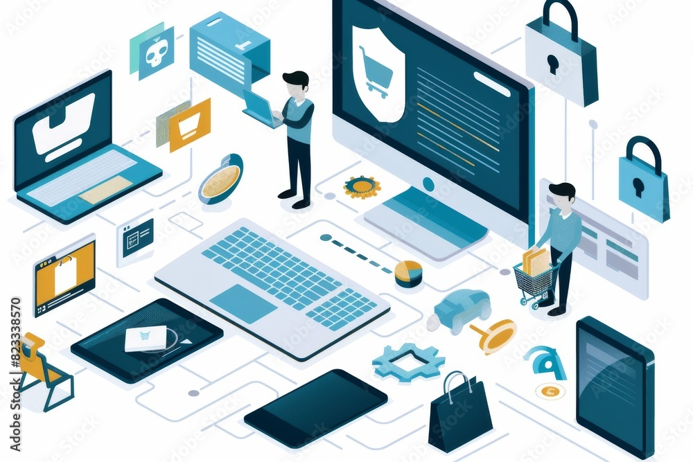 Advanced cybersecurity solutions for data protection and encryption, featuring secure network connections, digital locks, and modern green blue tech interface on laptop