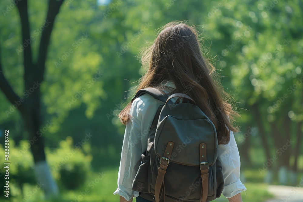 Back to school. Cute asian child girl with backpack running and going to school with fun