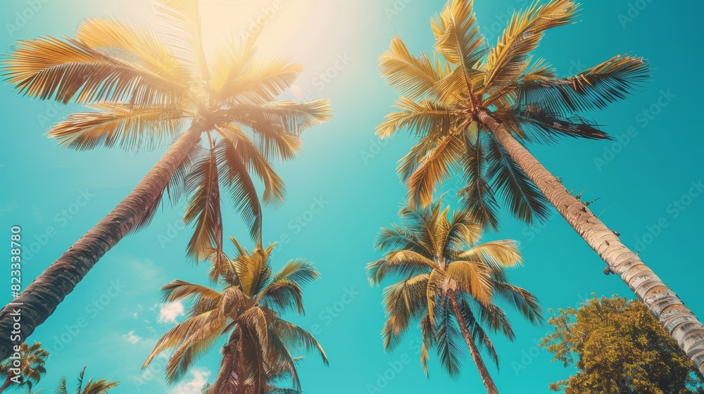 Fototapeta premium tropical paradise, palm trees gently swaying in the warm breeze under the clear blue sky make for a perfect tropical vacation vibe to relax and unwind