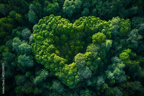 Aerial view of a lush green forest with a heart-shaped clearing, symbolizing nature and environmental conservation - AI generated