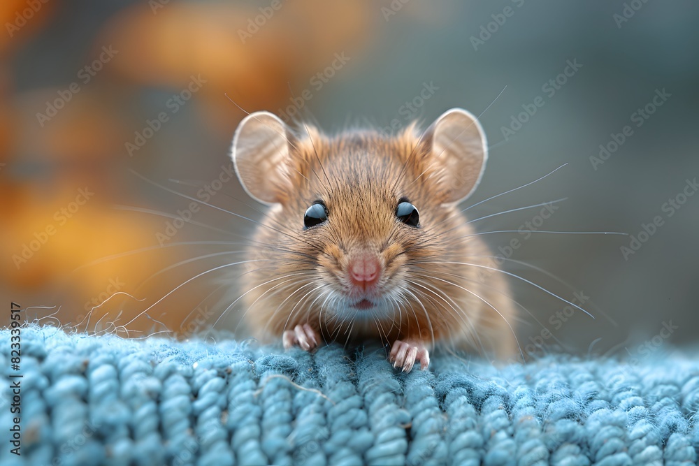 Close-up Portrait of an Adorable Mouse on a Blue Woven Surface