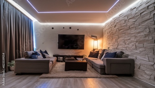 A Cozy Basement Retreat with Customizable Lighting and Plush Seating room  interior  bedroom  bed  furniture  luxury  hotel  home  apartment  architecture  decoration  nobody
