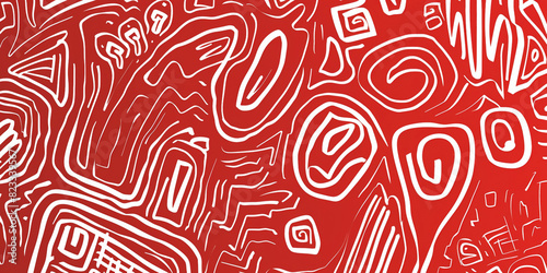 A close up of a red and white abstract design on a piece of fabric with red background