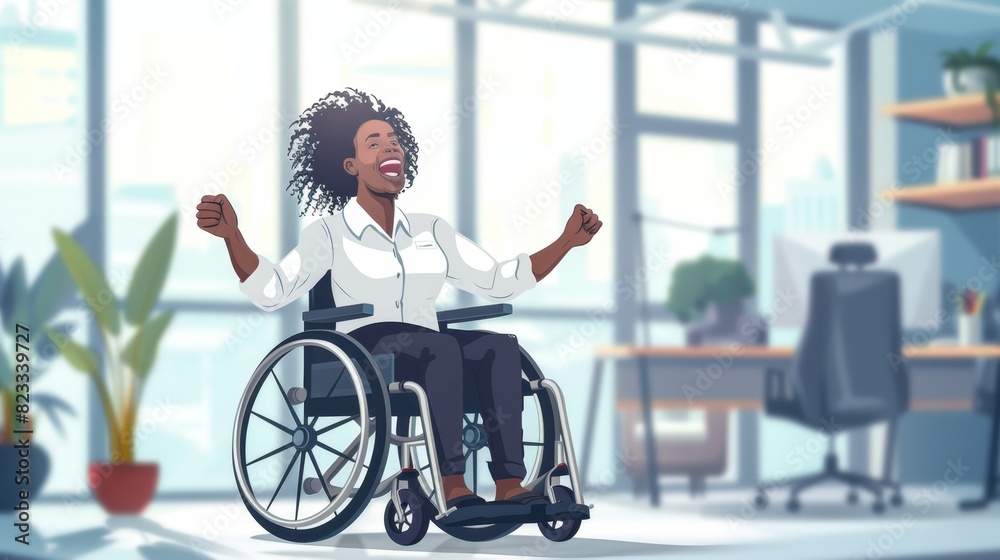 Woman in a wheelchair celebrating success in a bright, modern office. Woman in a wheelchair celebrating success in a bright, modern office.