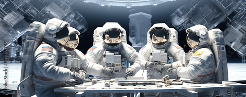 Three Astronauts Sitting at a Table in Space