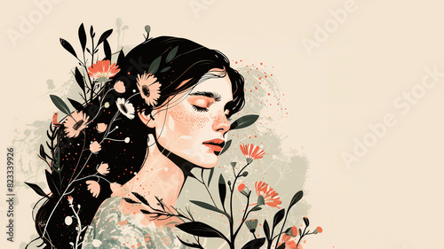 Art of a girl and flowers. A beautiful digital illustration of a girl surrounded by flowers on a beige background.