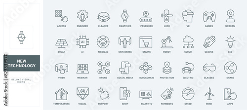 Robot and drone, cloud data protection and blockchain, mobile apps for social media and online payment thin black and red symbols vector illustration. New smart technology of future line icons set