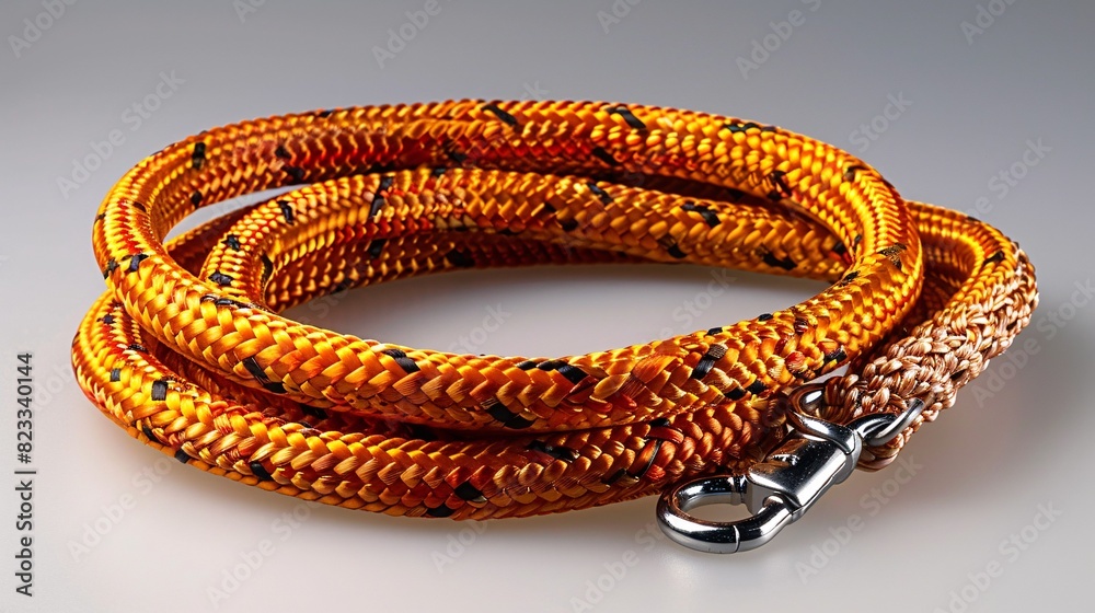 A bright yellow or orange tow strap with metal hooks, isolated on a white background in a top-down view. A bright yellow or orange tow strap with metal hooks, isolated on a white background in a top-down view.