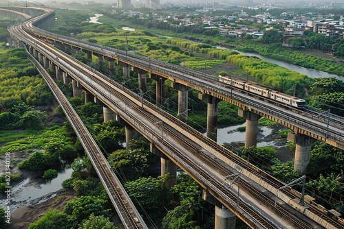 A steel bridge over an elevated railway