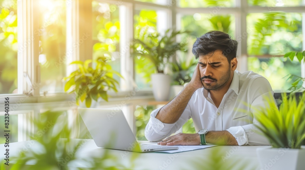 Young man in a white shirt working on a laptop, looking pained, surrounded by green plants and bright sunlight. Young man in a white shirt working on a laptop, looking pained, surrounded by green plants and bright sunlight.
