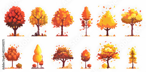 Pixel autumn yellow trees and bushes collection for arcade game assets isolated on white background photo