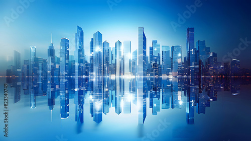 Skyscrapers of a smart city  futuristic financial district  graphic perspective of buildings and reflections on water background for corporate and business brochure template