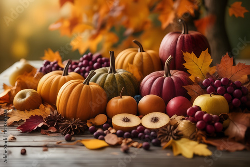 A vibrant Thanksgiving scene  abundant organic fruit  fallen leaves in Indian summer hues.