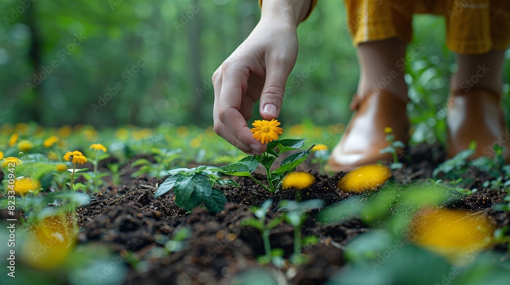 Fototapeta premium A person carefully sows seeds in the ground, using their foot to touch the soil and connect with the environment.