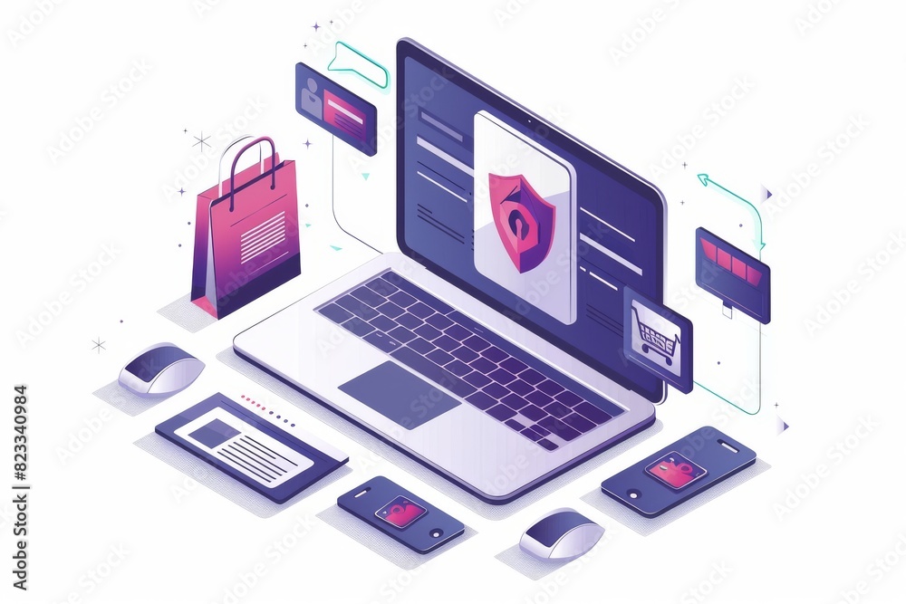 Secure online shopping with advanced digital protection, featuring a locked laptop and encrypted data in a pink blue setting for safe e commerce transactions and cybersecurity Secure online shopping with advanced digital protection, featuring a locked laptop and encrypted data in a pink blue setting for safe e commerce transactions and cybersecurity
