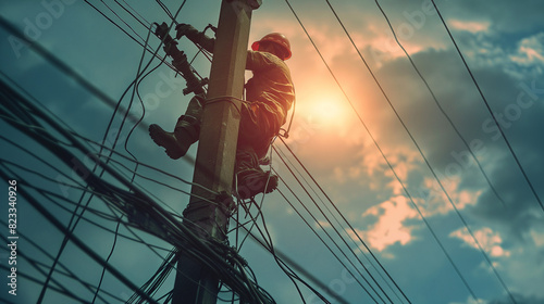 An electrician working on electric pole 