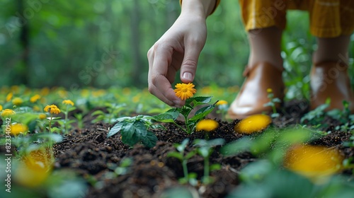 A person carefully sows seeds in the ground, using their foot to touch the soil and connect with the environment. photo