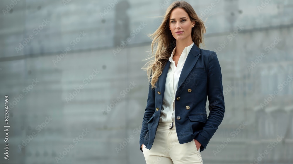 Elegant woman in a navy blazer and white pants standing outside a classic building, looking away thoughtfully. Old money style Elegant woman in a navy blazer and white pants standing outside a classic building, looking away thoughtfully. Old money style