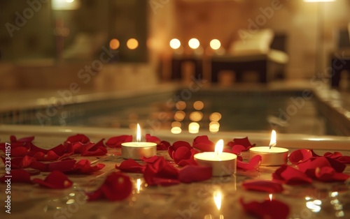 Spa day with aromatic candles  rose petals  warm lighting  luxurious wellness experience