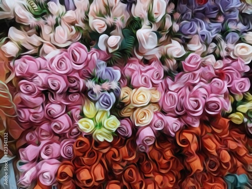 a photo illustration containing colorful artificial flowers on a textured background