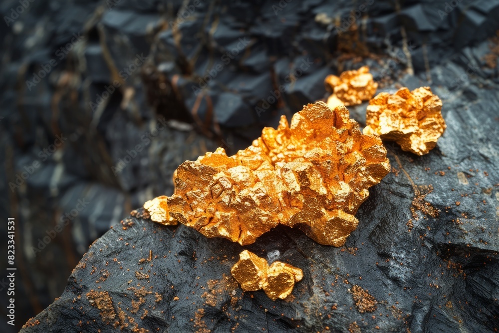 Macro shot displaying detailed golden nuggets nestled on a contrasting dark rock, emphasizing mineral richness Macro shot displaying detailed golden nuggets nestled on a contrasting dark rock, emphasizing mineral richness