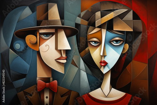 Couple in an abstract cubist or cubism style painting. Love or relationship concept