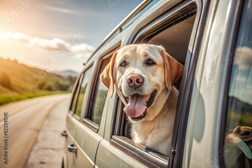 The concept of traveling with animals. A dog sticks its head out of the window of a car, a tourist van during a trip on a hot sunny day.