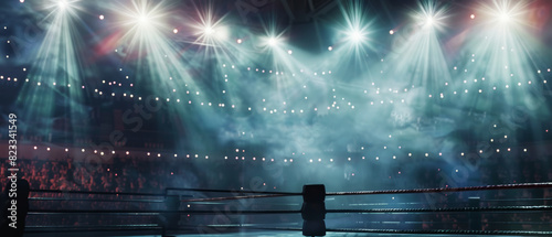 Anticipation builds in an empty wrestling ring, aglow with spotlights before a big match.