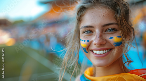 Happy football fan woman on stadium, created with Generative AI technology photo
