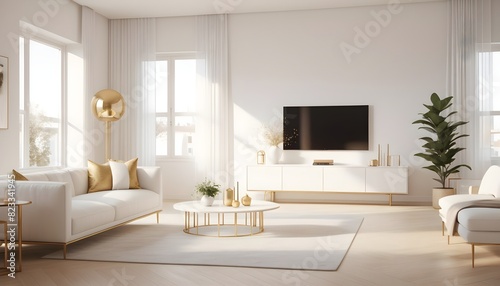 white and gold theme interior modern minimalism photo realism