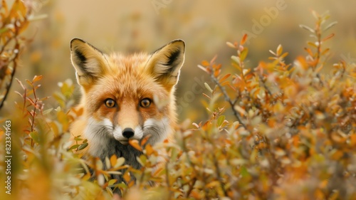 A curious fox peering out from behind a bush in an autumn setting.