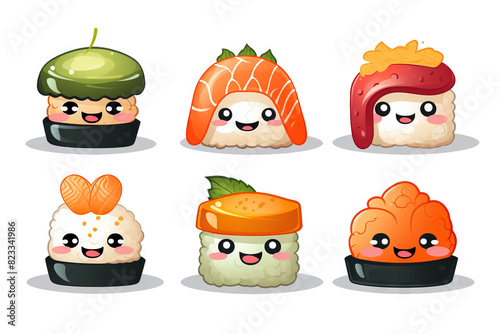 Served sushi set, cartoon characters isolated on white background. Japanese cuisine