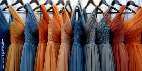 Vibrant formal dresses on hangers for prom or bridesmaids. Concept Formal Dresses, Prom Wear, Bridesmaid Attire, Vibrant Colors, Dress Hangers photo