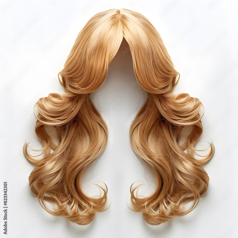 Natural looking long hair cut blonde wig isolated on white background Natural looking long hair cut blonde wig isolated on white background