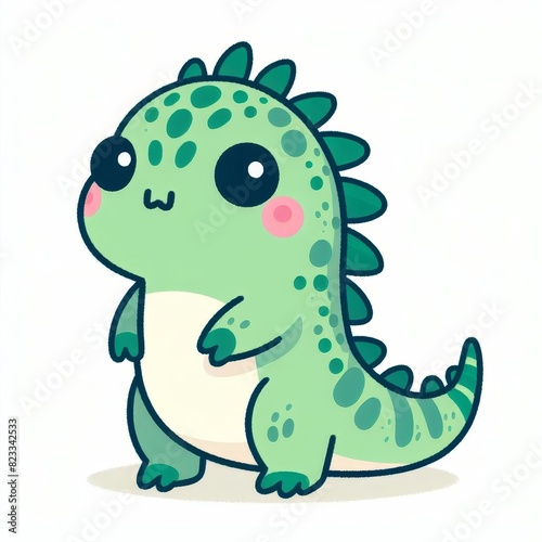 A cartoonish green dinosaur with a big smile on its face