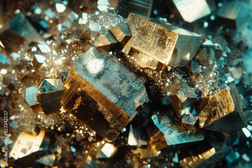 Close-up image featuring golden pyrite crystals, also known as fool's gold, with natural cubic formations and a dark, blurred background