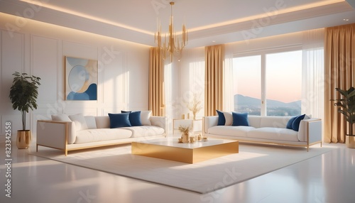 white and gold theme interior modern minimalism photo realism