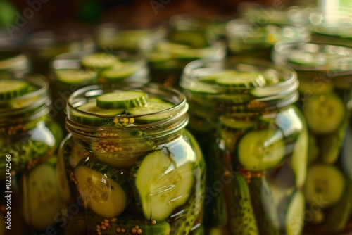 Canned pickled cucumbers in jars closeup, homemade pickles, canning food, canning