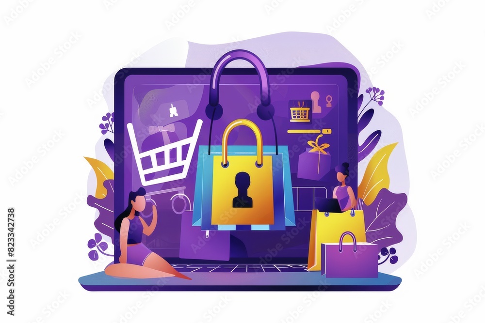 Fototapeta premium Secure e commerce solutions with advanced digital protection, featuring a locked laptop and secure transactions in purple yellow colors for safe online shopping and cybersecurity