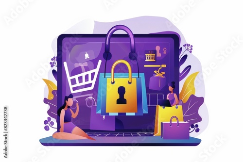 Secure e commerce solutions with advanced digital protection, featuring a locked laptop and secure transactions in purple yellow colors for safe online shopping and cybersecurity