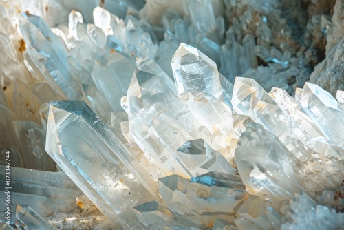 Natural translucent quartz crystal formations bathed in soft lighting, showcasing clarity and pointed tips