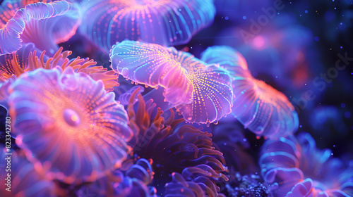 Underwater Life, Exploring the Wonders of the Deep Sea, A captivating macro shot highlighting the striking neon hues and intricate textures of coral polyps in a reef, Vibrant Coral Reef Underwater   © Saba