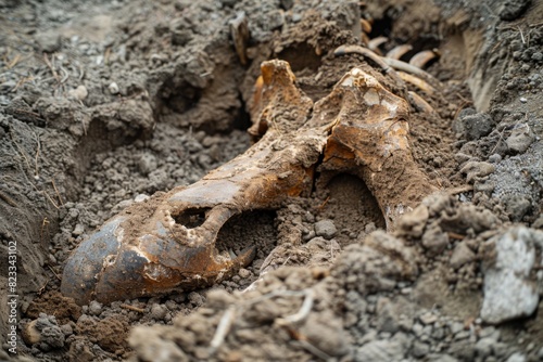 Close-up of an animal skull with a cracked surface partially buried in the dirt, highlighting the concept of decay