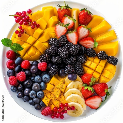 Exotic fruits set with sliced mango  pitahaya  strawberries  blackberries  blueberries and cape gooseberries