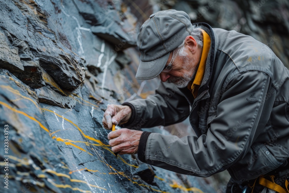Geologist using tools to extract sample from slate rock formation for scientific analysis
