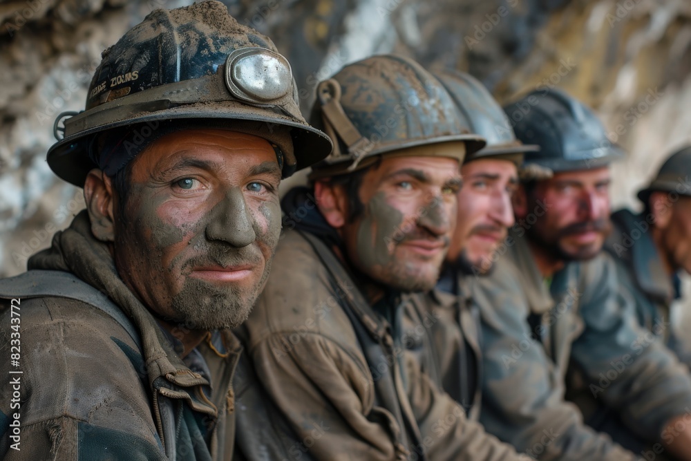 Coal miners with joyful expressions and soot-covered faces in a group portrait, showing camaraderie