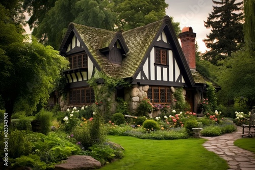 Rustic Tudor house cottage. Old english rural. Generate Ai