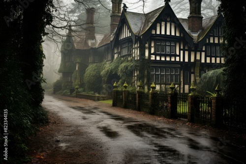 Picturesque Tudor house cottage rural. British great garden. Generate Ai