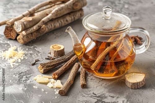 Licorice tea in glass teapot, aromatic licorice root dried sticks and powder on light table photo