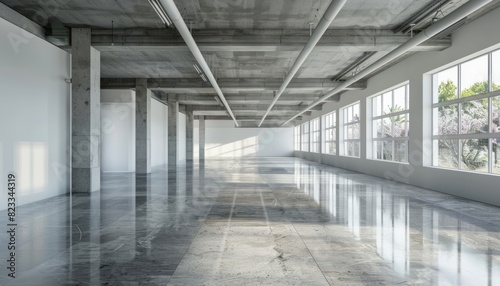 A modern empty commercial space with polished concrete floors and an industrial ceiling  ready for customization or creative use